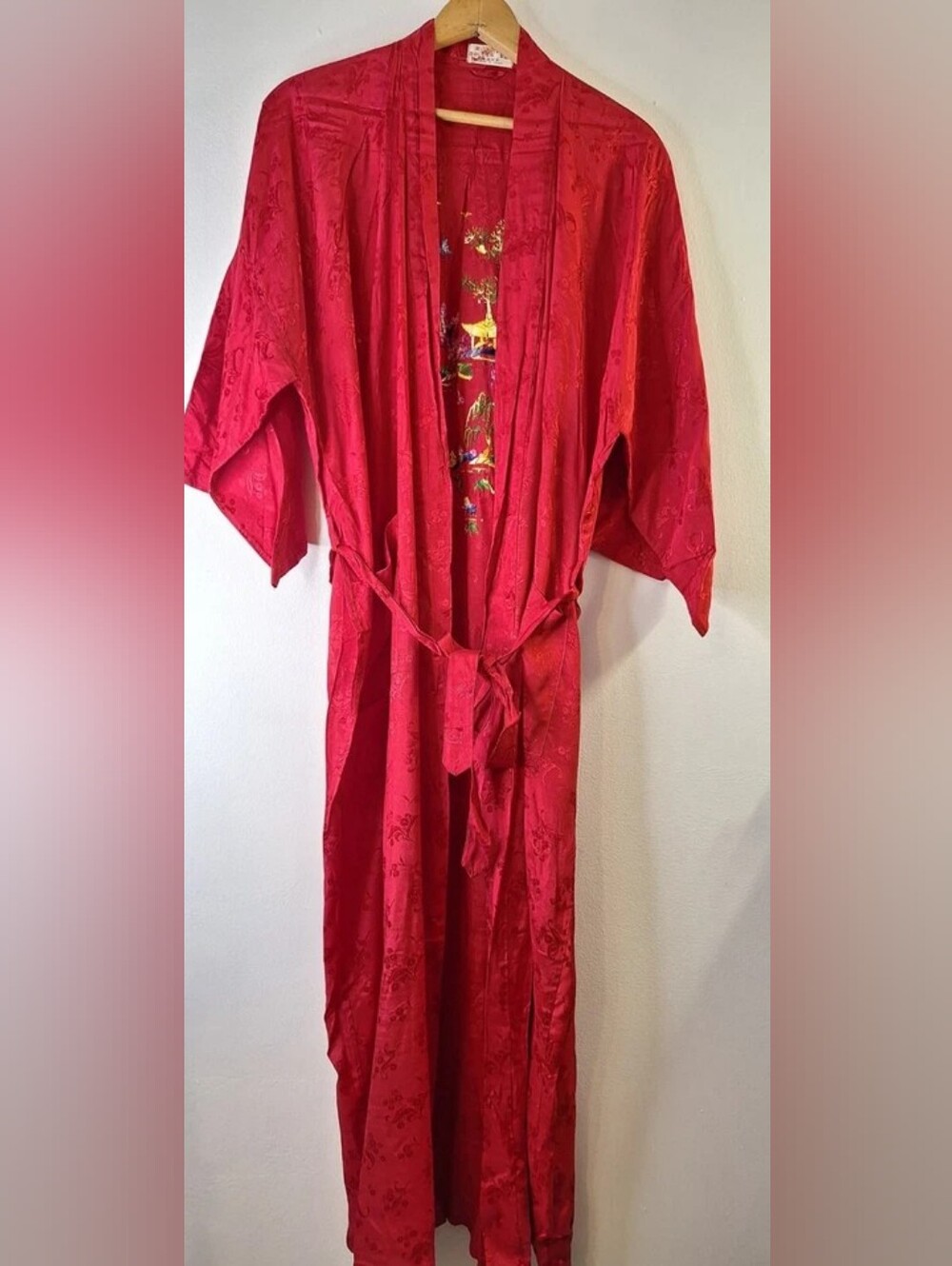 Silk-Feel Red Floral Kimono Robe